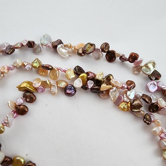 Long Strand Golden green Pink Keshi Pearl Necklace Artisan Genuine 34" Triple - Picture 5 of 11